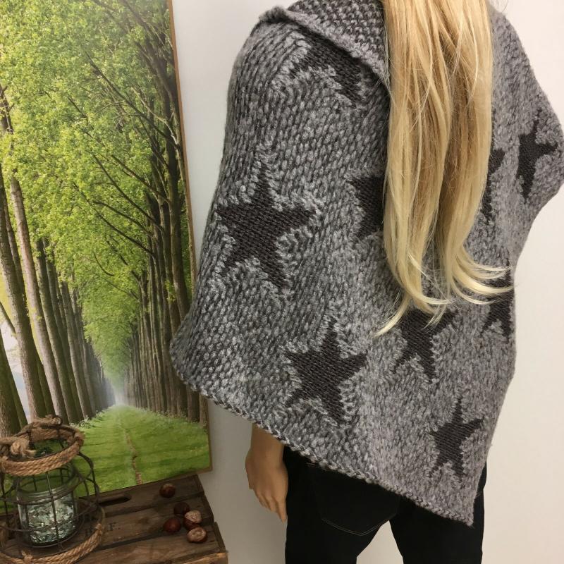 Poncho Überwurf Grobstrick mit Wolle Sternenmuster anthrazit grau meliert