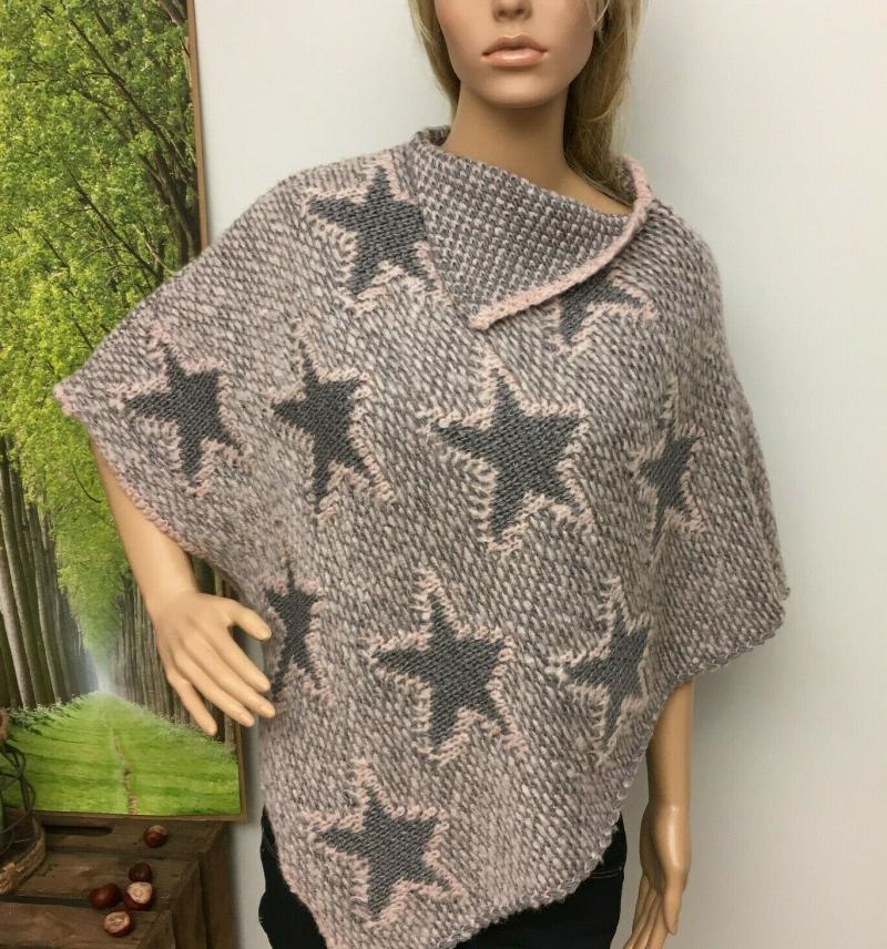 Poncho Überwurf Grobstrick mit Wolle Sternenmuster rosa grau meliert