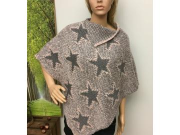 Poncho Überwurf Grobstrick mit Wolle Sternenmuster rosa grau meliert