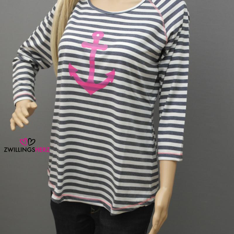 Zwillingsherz Shirt T-Shirt blau weiß geringelt Anker m. Baumwolle Gr.2 38 40