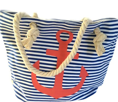 Strandtasche Badetasche Umhängetasche gestreift blau-weiss mit Anker Motiv