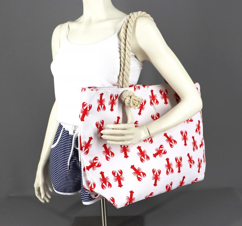 Strandtasche Badetasche Beach Umhängetasche Weiß Rot Krebse mit Kordel
