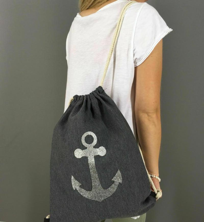 Rucksack Turnbeutel Grau Gym Bag Sportbeutel mit Glitzeranker