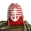 Rucksack Turnbeutel Sportbeutel Gymbag rot weiß gestreift Anker Kordel natur