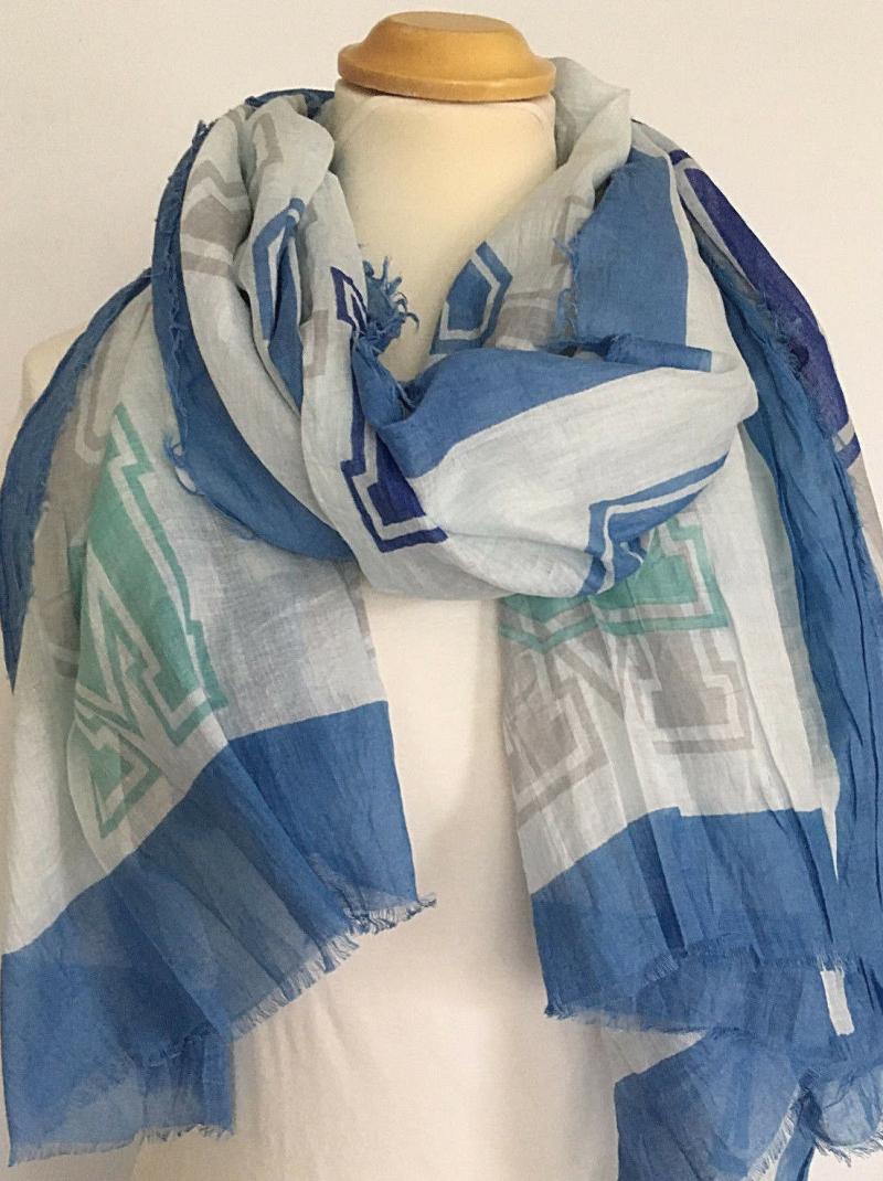 A-Zone Tuch weiß Schal XXL Sommer Buchstaben 100% Baumwolle Fransen blau grau
