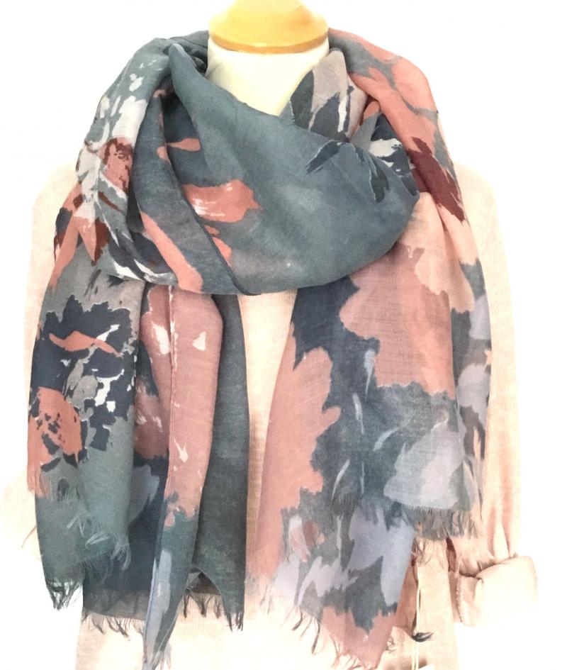 A-Zone Tuch Schal Blumenmuster kleine Fransen hellblau taubenblau blau altrosa