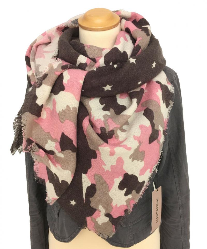 Passigatti Tuch XXL Schal Viereckschal Camouflage Stern rosa beige braun Fransen