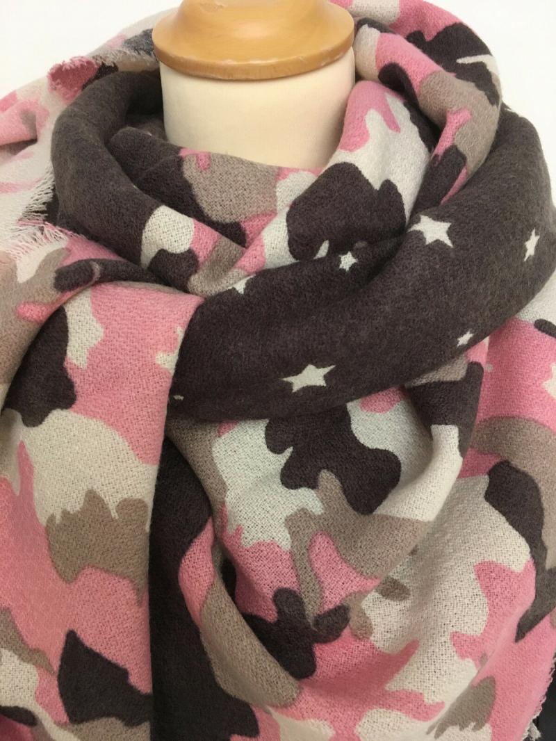 Passigatti Tuch XXL Schal Viereckschal Camouflage Stern rosa beige braun Fransen