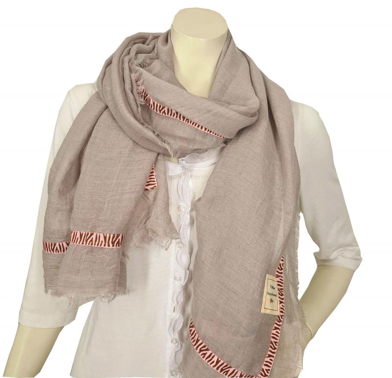 V.Milano Italy  Tuch Schal Uni weiß beige hellgrau Viskose Baumwolle Fransen Zierband