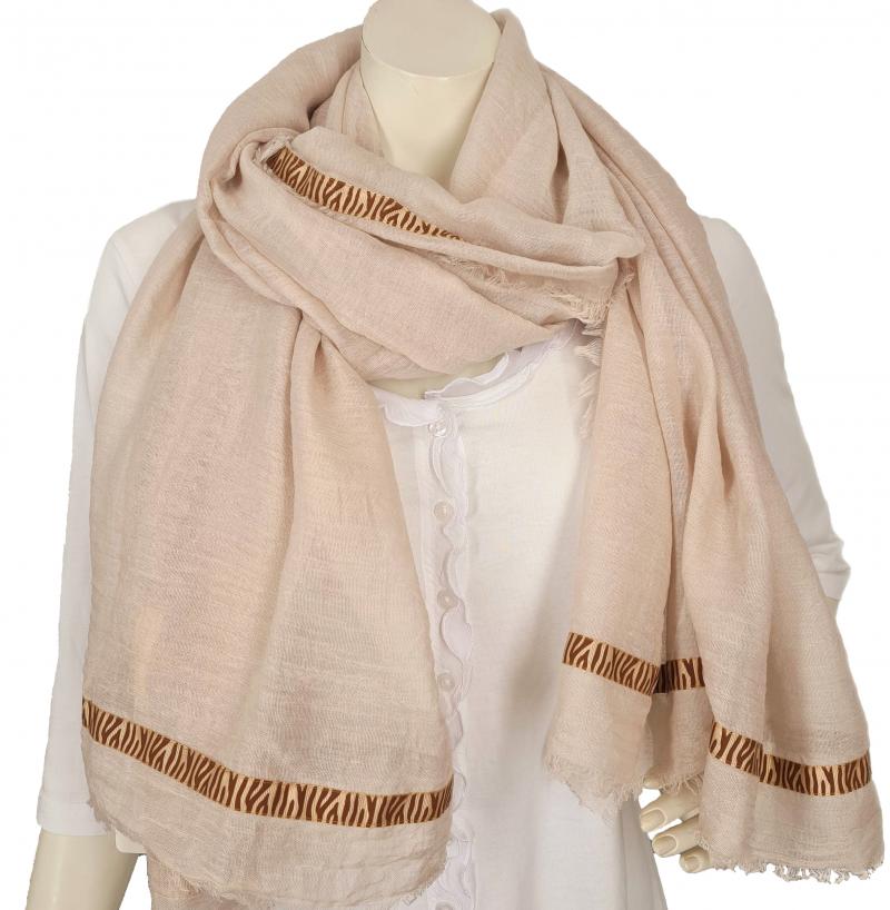 V.Milano Italy  Tuch Schal Uni weiß beige hellgrau Viskose Baumwolle Fransen Zierband
