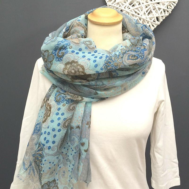 V-Milano Italy Schal Tuch  Viskose Fransen Paisley- Blumenmuster grau blau lachs