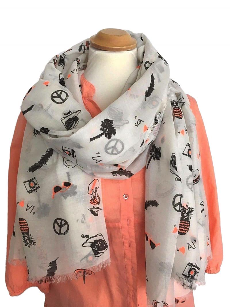 Hable & Rospy Tuch Schal Halstuch Offwhite Motive in Schwarz Neon Orange Fransen