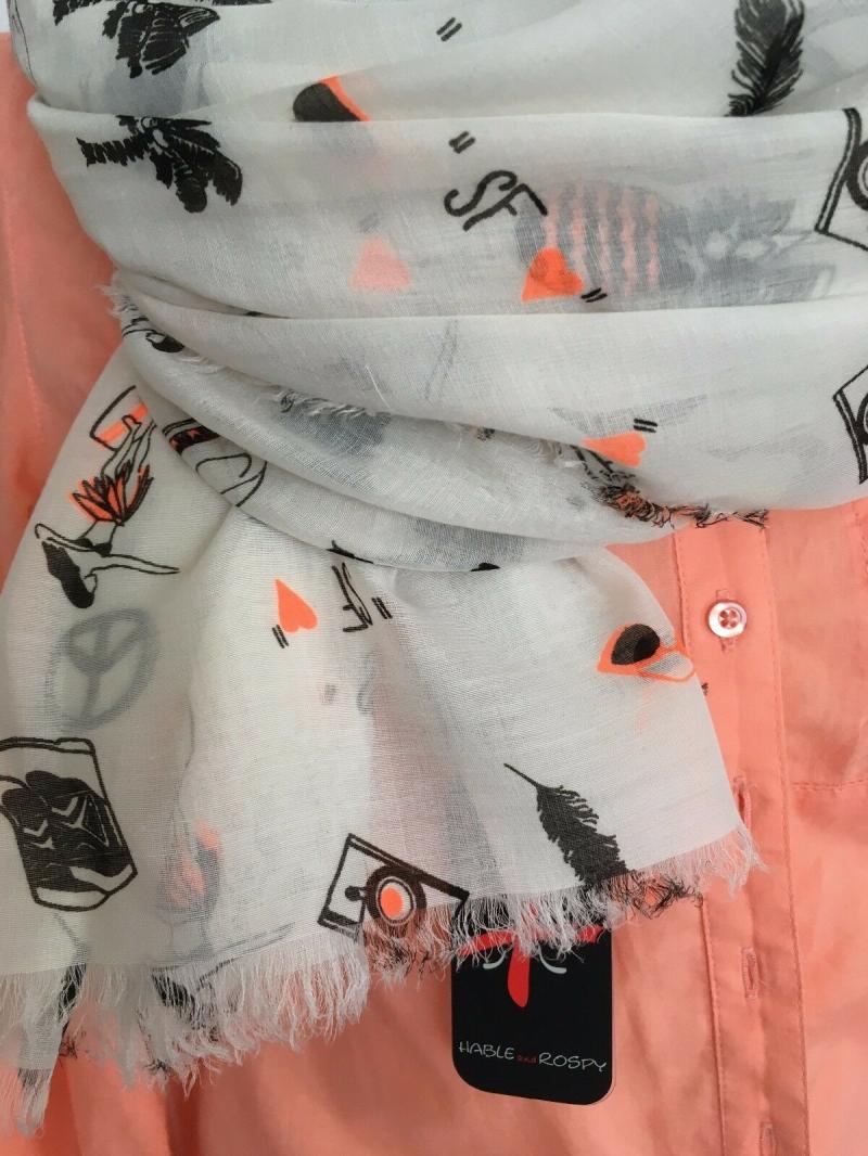 Hable & Rospy Tuch Schal Halstuch Offwhite Motive in Schwarz Neon Orange Fransen