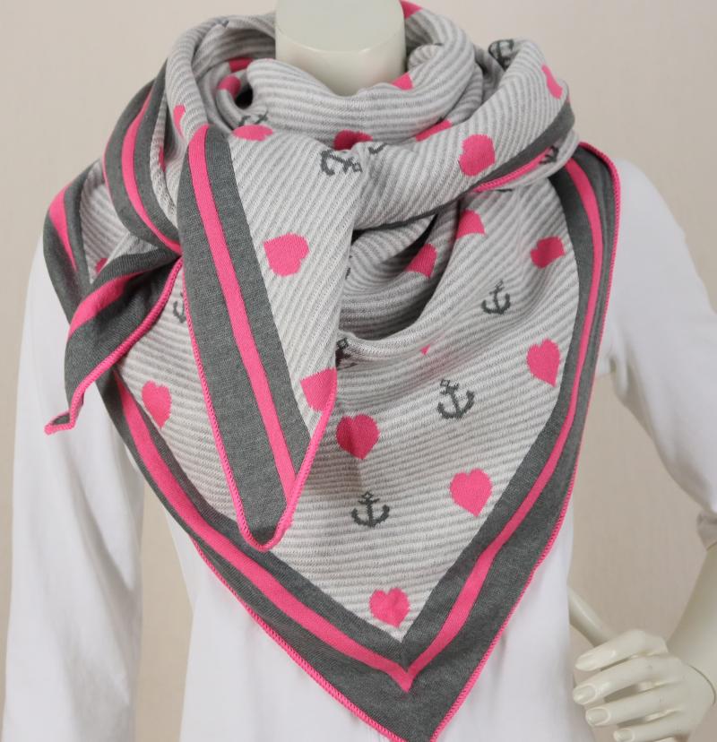 ZWILLINGSHERZ Dreieckstuch Grau Pink “SORAYA“ Streifen-Anker & Herzen mit Baumwolle