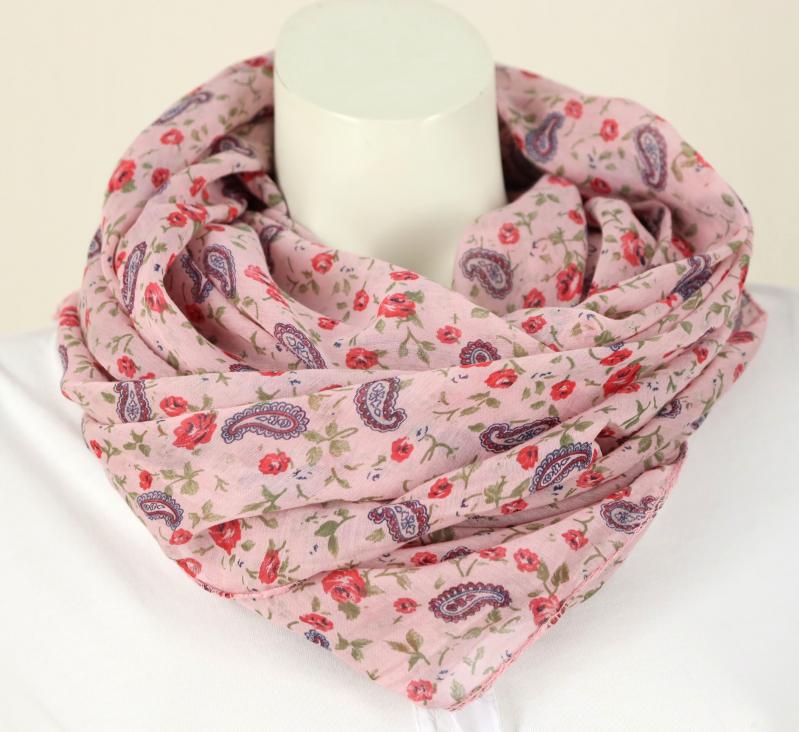 Italy Tuch Schal Loop Kleines Paisley und Blumen mit Seide und Baumwolle in Hellgrün, Weiß oder Rosa