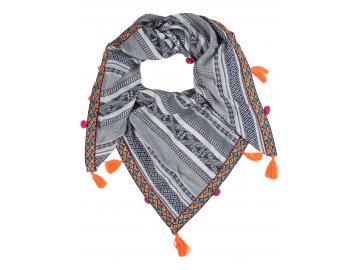 Zwillingsherz Dreieckstuch mit Baumwolle 'BoHo Style“ Dunkelblau Weiß Tasseln Neon Orange