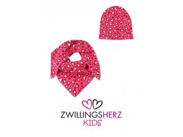 Zwillingsherz Kids Dreieckstuch Mütze Set Bio Baumwolle pink corall rot Herzen Leo