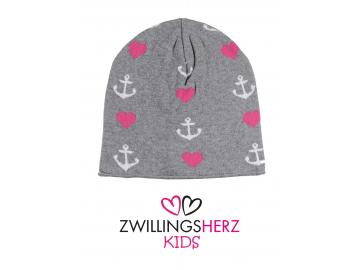 Zwillingsherz Kids Mütze Beanie 'Tamara Junior' Bio Baumwolle grau pink weiß Anker Herzen