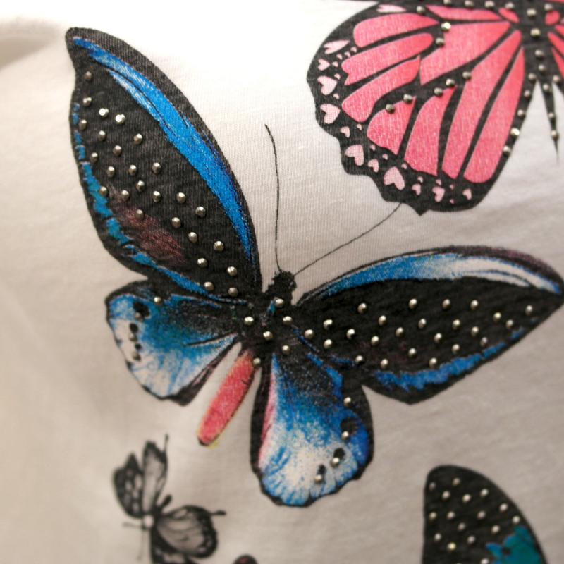 V.Milano Italy T-Shirt weiß Nieten Schnetterlinge bunt Größe M