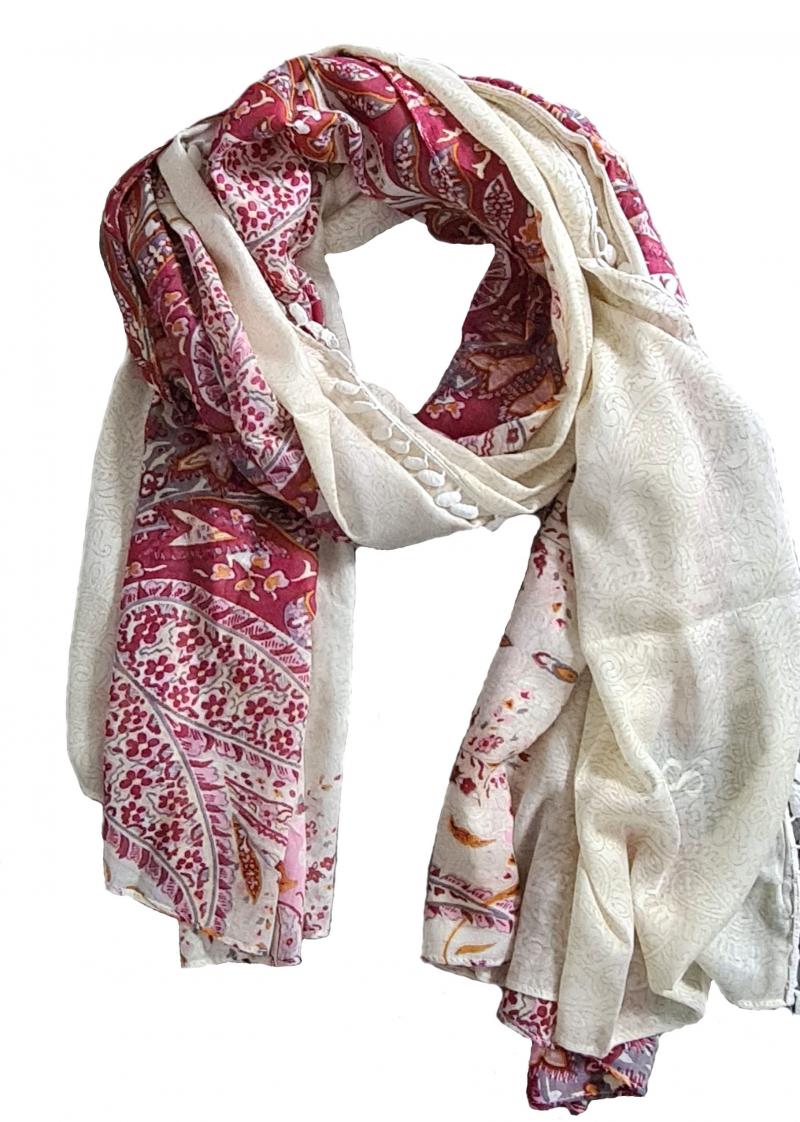 SAMAYA Tuch Schal Viskose kleine Bommeln Blüten und Paisley Muster