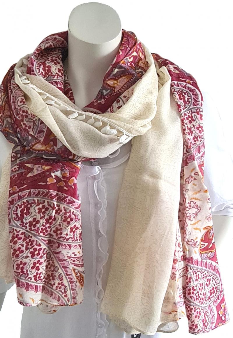 SAMAYA Tuch Schal Viskose kleine Bommeln Blüten und Paisley Muster