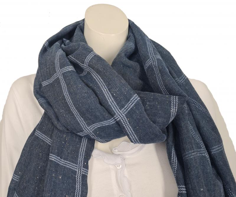 SAMAYA Tuch Schal  jeansblau weiß Karomuster schräg kleine Fransen Glitzer