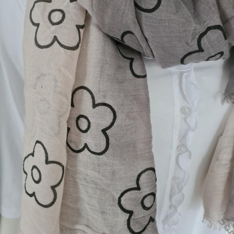 V.Milano Italy Tuch Schal Blumen hellbeige grau schwarz Baumwolle Viskose