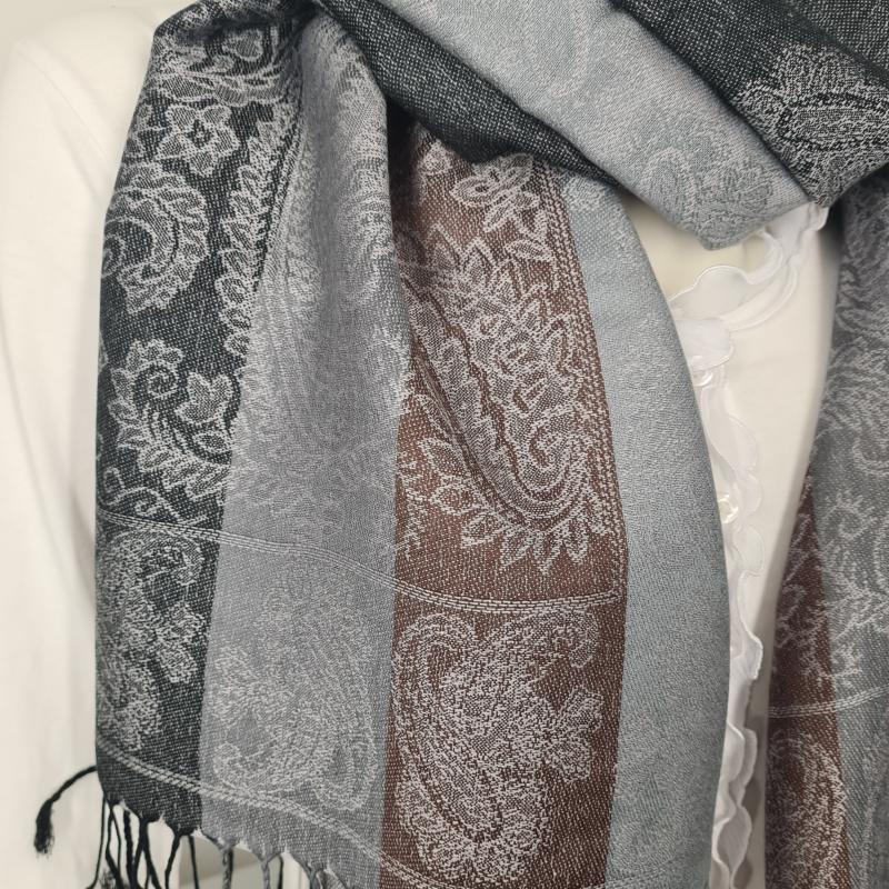 Tuch Schultertuch gewebt Paisley Muster Streifen und Fransen hellgrau schwarz braun