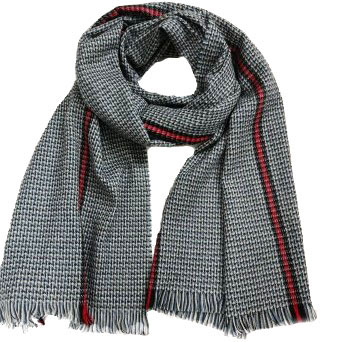 Unisex Schal Winterschal  Hahnentritt mit Streifen und Fransen dunkelblau hellblau weiß und rot