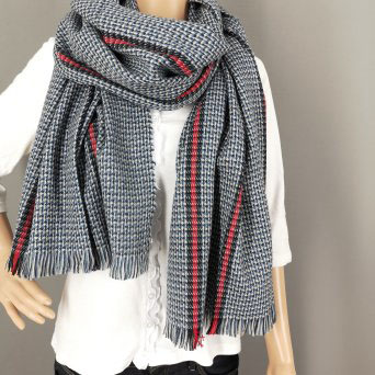 Unisex Schal Winterschal  Hahnentritt mit Streifen und Fransen dunkelblau hellblau weiß und rot