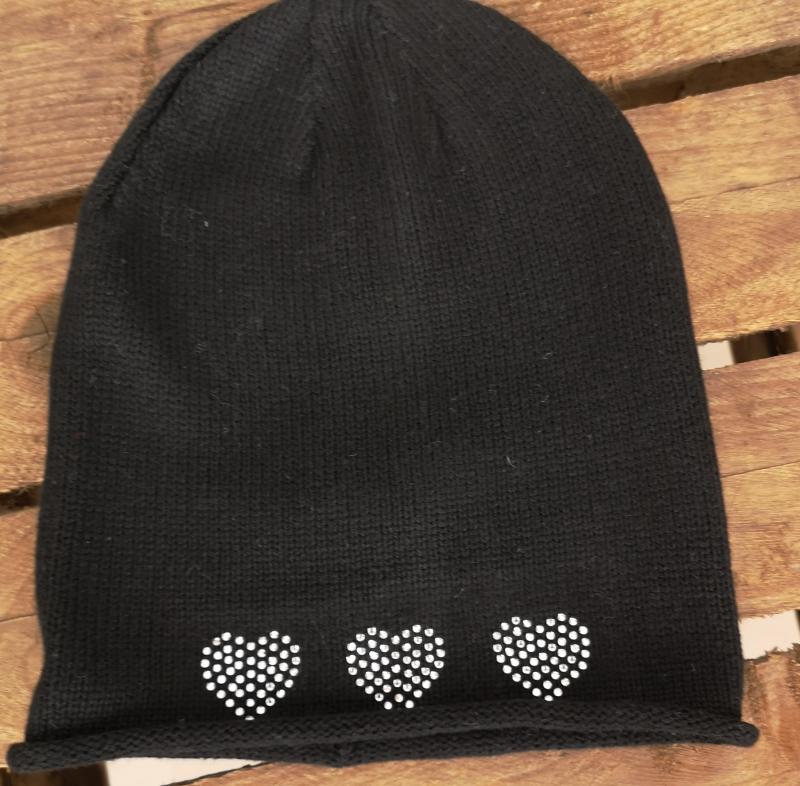 A-Zone Mütze Beanie schwarz Strass-Herzen