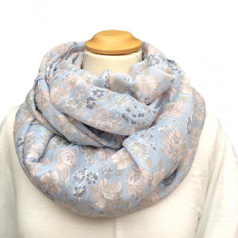 Italy Loop Schal Tuch hellblau Seide Baumwolle Blumenmuster rosé