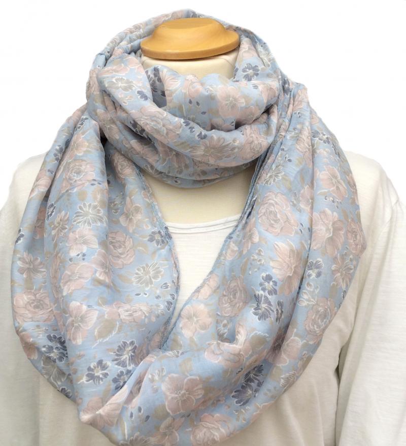 Italy Loop Schal Tuch hellblau Seide Baumwolle Blumenmuster rosé