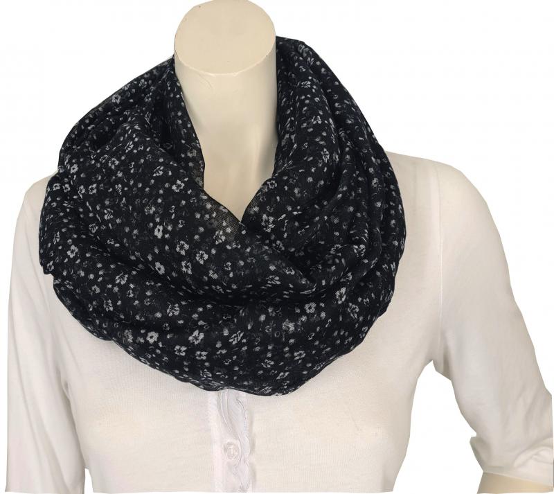 A-Zone Tuch Schal schwarz mit Blumenmuster Streublümchen weiß