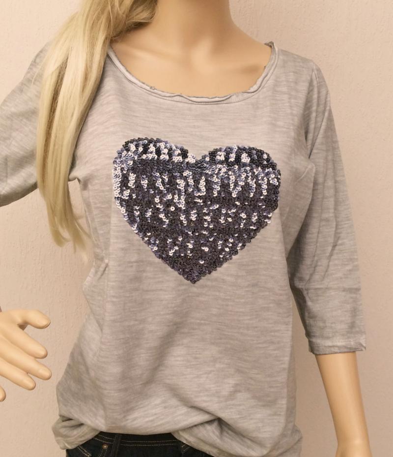 Kurt Kölln Shirt hellgrau ¾ -Arm mit Pailletten Herz groß