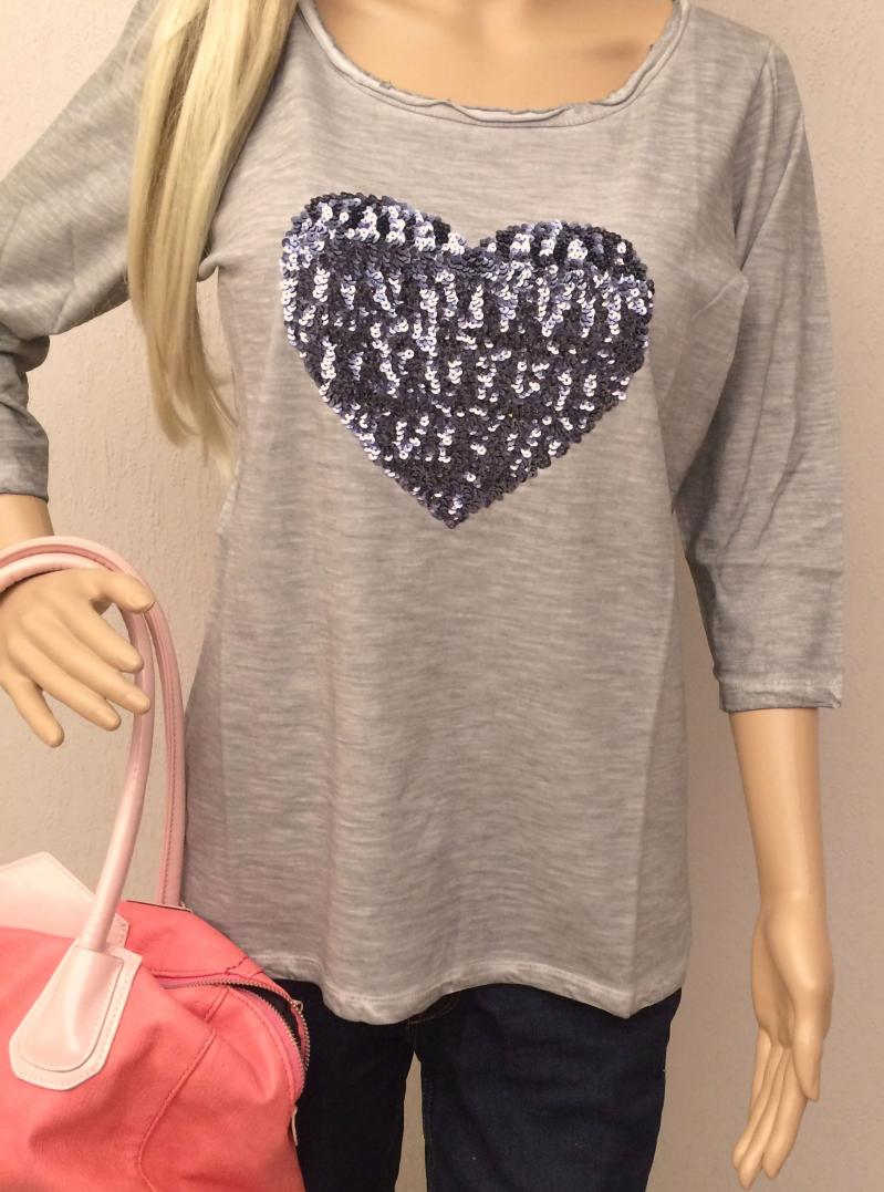Kurt Kölln Shirt hellgrau ¾ -Arm mit Pailletten Herz groß