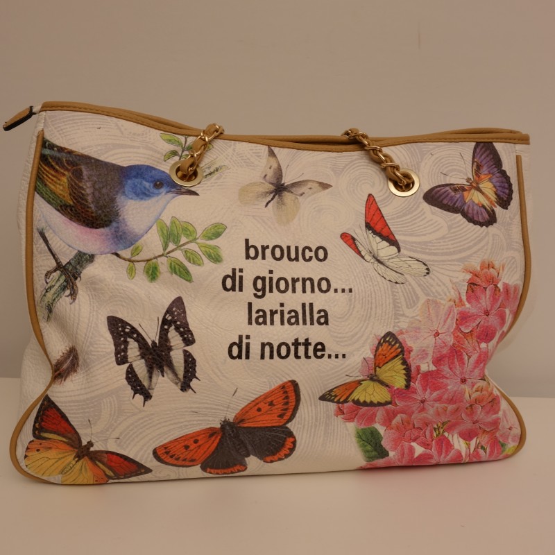 Große Tasche mit Blumen- und Schmetterlingsprint und Schriftzug cremeweiß