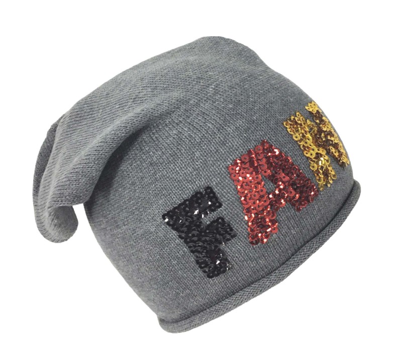 Strickmütze Beanie Fan Mütze grau mit Pailletten-Motiv schwarz rot gold