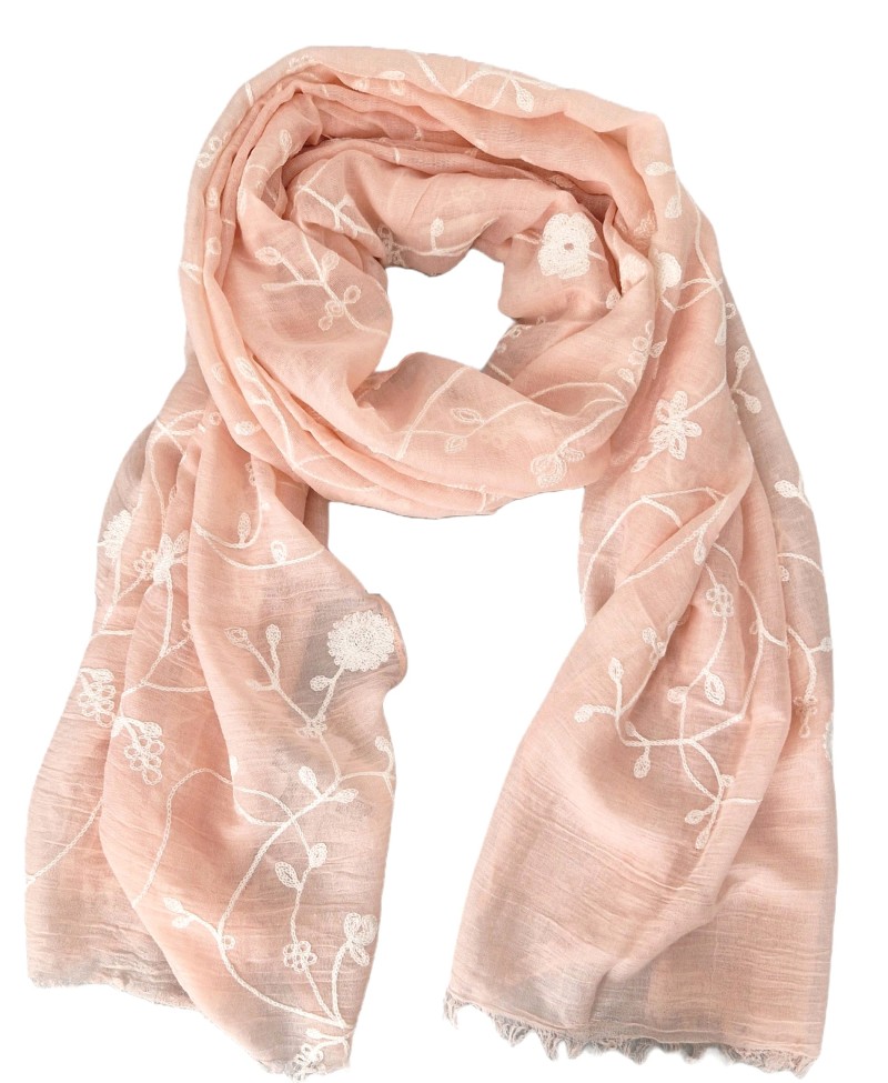 Tuch Schal Sommertuch mit gestickten Blumenranken grau rosa koralle