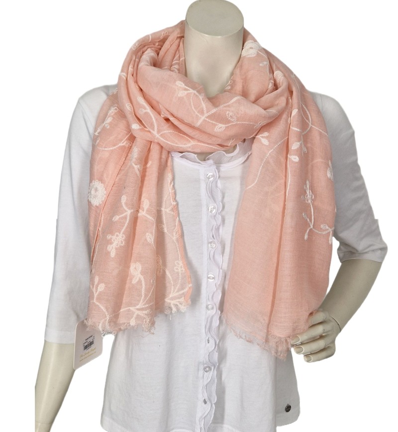 Tuch Schal Sommertuch mit gestickten Blumenranken grau rosa koralle