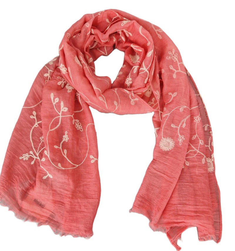 Tuch Schal Sommertuch mit gestickten Blumenranken grau rosa koralle