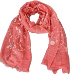 Tuch Schal Sommertuch mit gestickten Blumenranken grau rosa koralle
