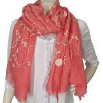 Tuch Schal Sommertuch mit gestickten Blumenranken grau rosa koralle
