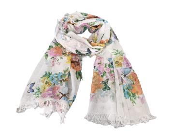 Sommertuch weiß mit Blumen und Schmetterlingen