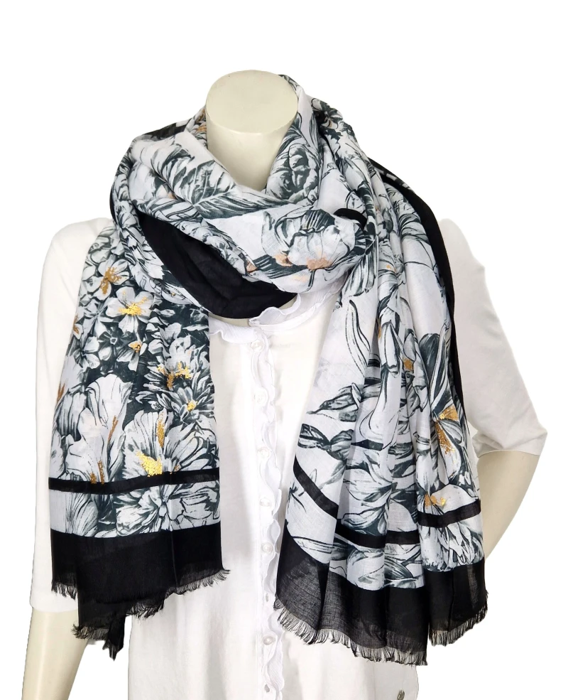 Tuch Schal schwarz weiß mit floralem Muster