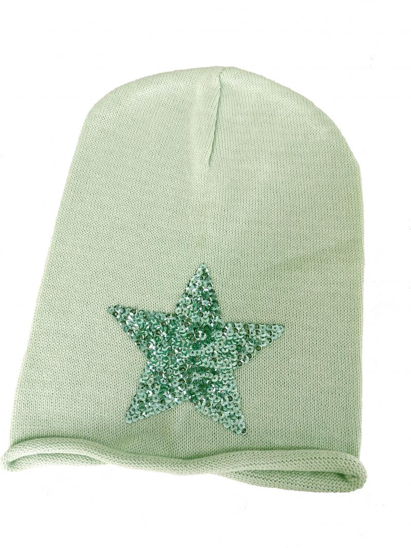 Zwillingsherz Kurt Kölln Strickmütze Beanie mit Baumwolle hellgrün mit Pailletten-Stern