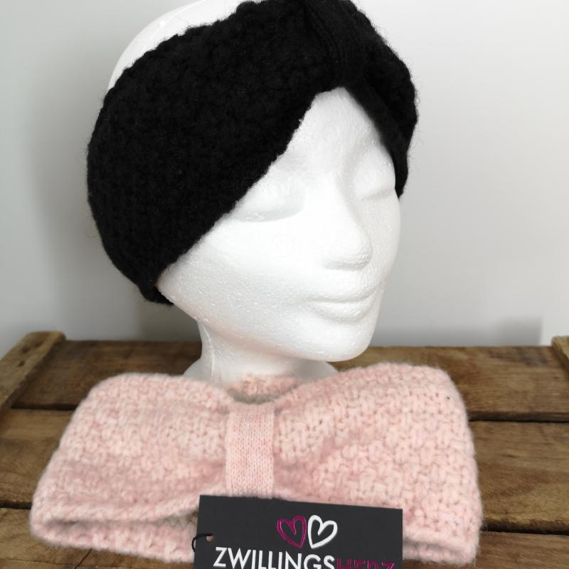 Zwillingsherz Stirnband Grobstrick schwarz mit Wolle und Fleece-Futter