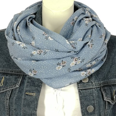 Tuch mit Seide Blümchen Punkte taubenblau gelb weiß