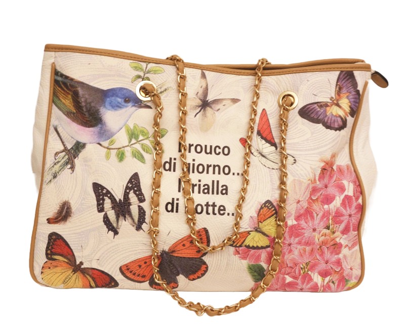 Große Tasche mit Blumen- und Schmetterlingsprint und Schriftzug cremeweiß