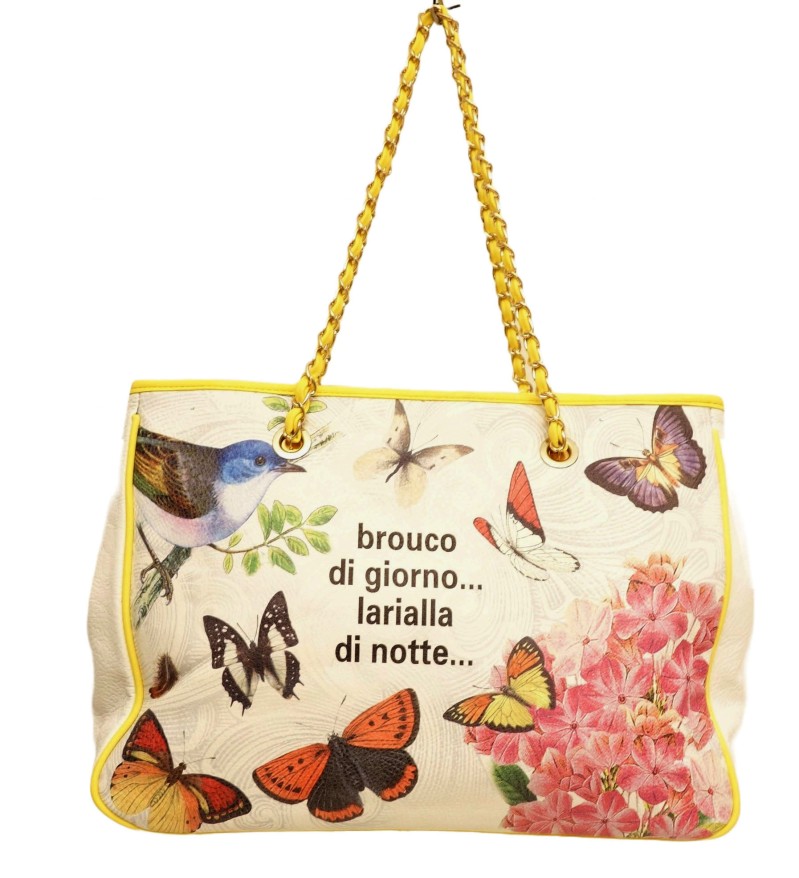 Große Tasche mit Blumen- und Schmetterlingsprint und Schriftzug cremeweiß